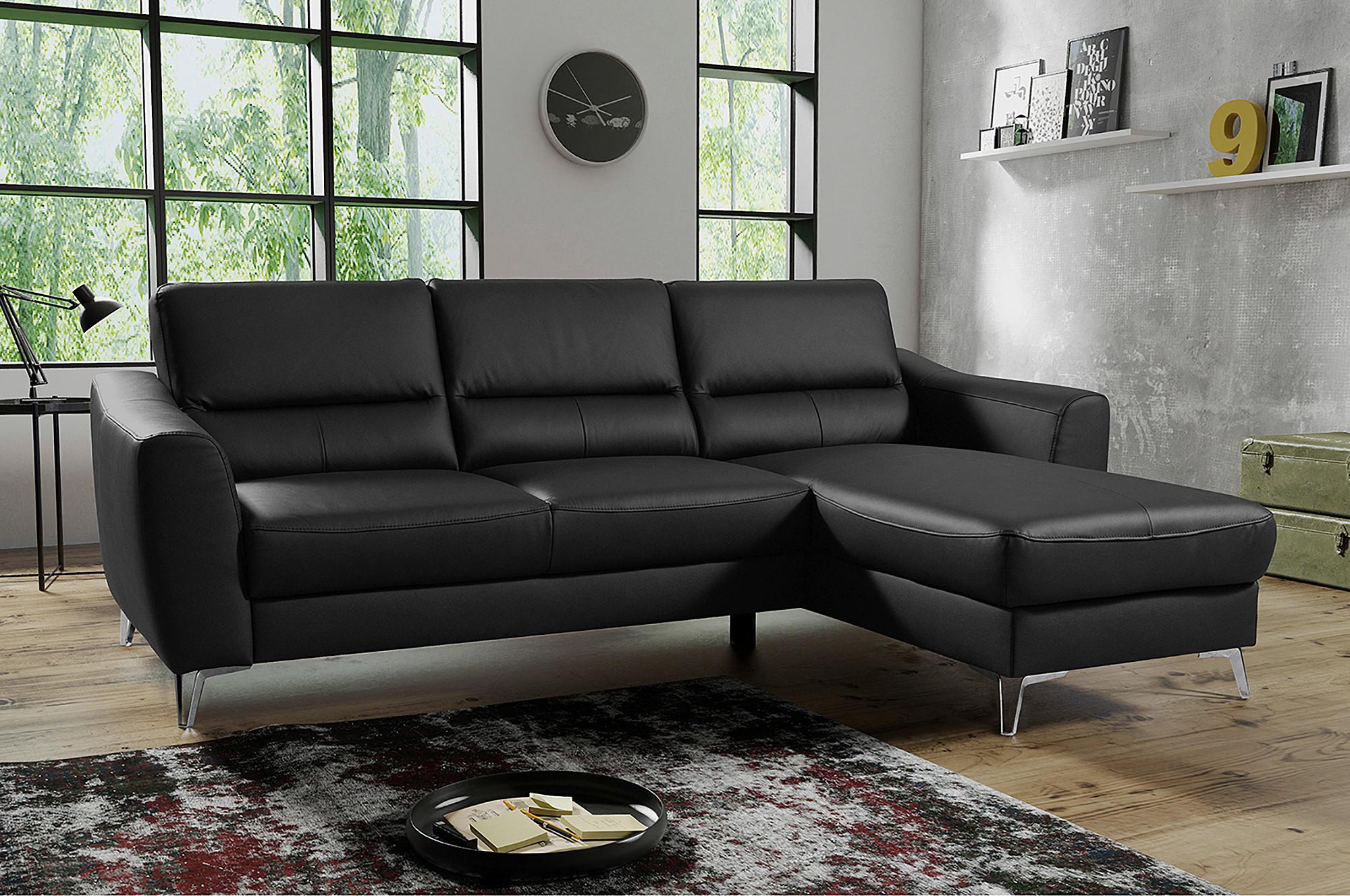 Ecksofa Santos Schwarz S: 241 cm - Chromfarben/Schwarz, Design, Leder/Textil (241/168cm) - Livetastic