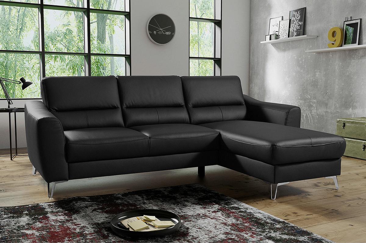 Ecksofa Santos Schwarz S: 241 cm - Chromfarben/Schwarz, Design, Leder/Textil (241/168cm) - Livetastic