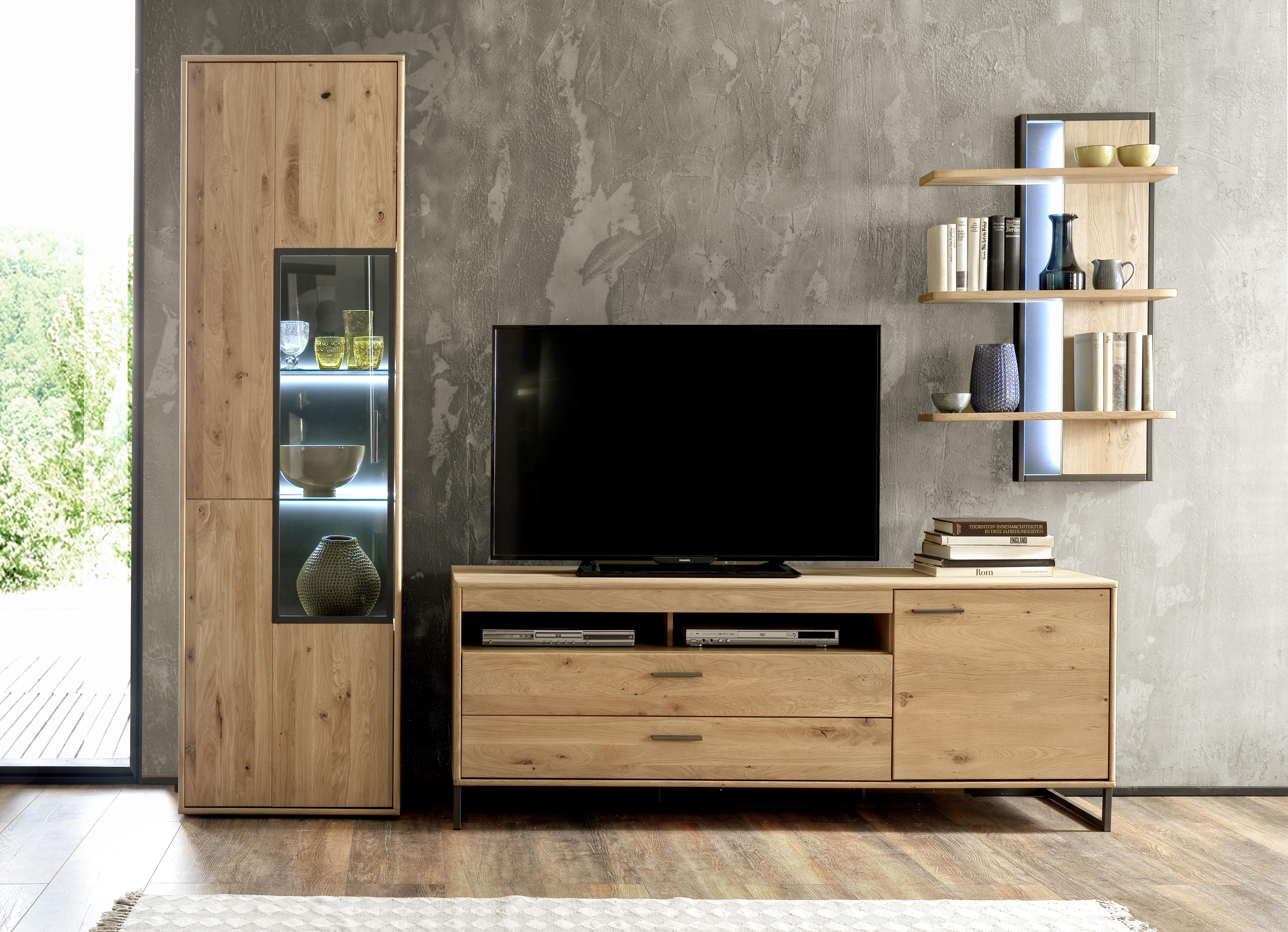 Wohnkombination teilmassiv 3--teilig. Portland Eichefarben - Eichefarben/Schwarz, Design, Glas/Holz (298/207/50cm) - Livetastic