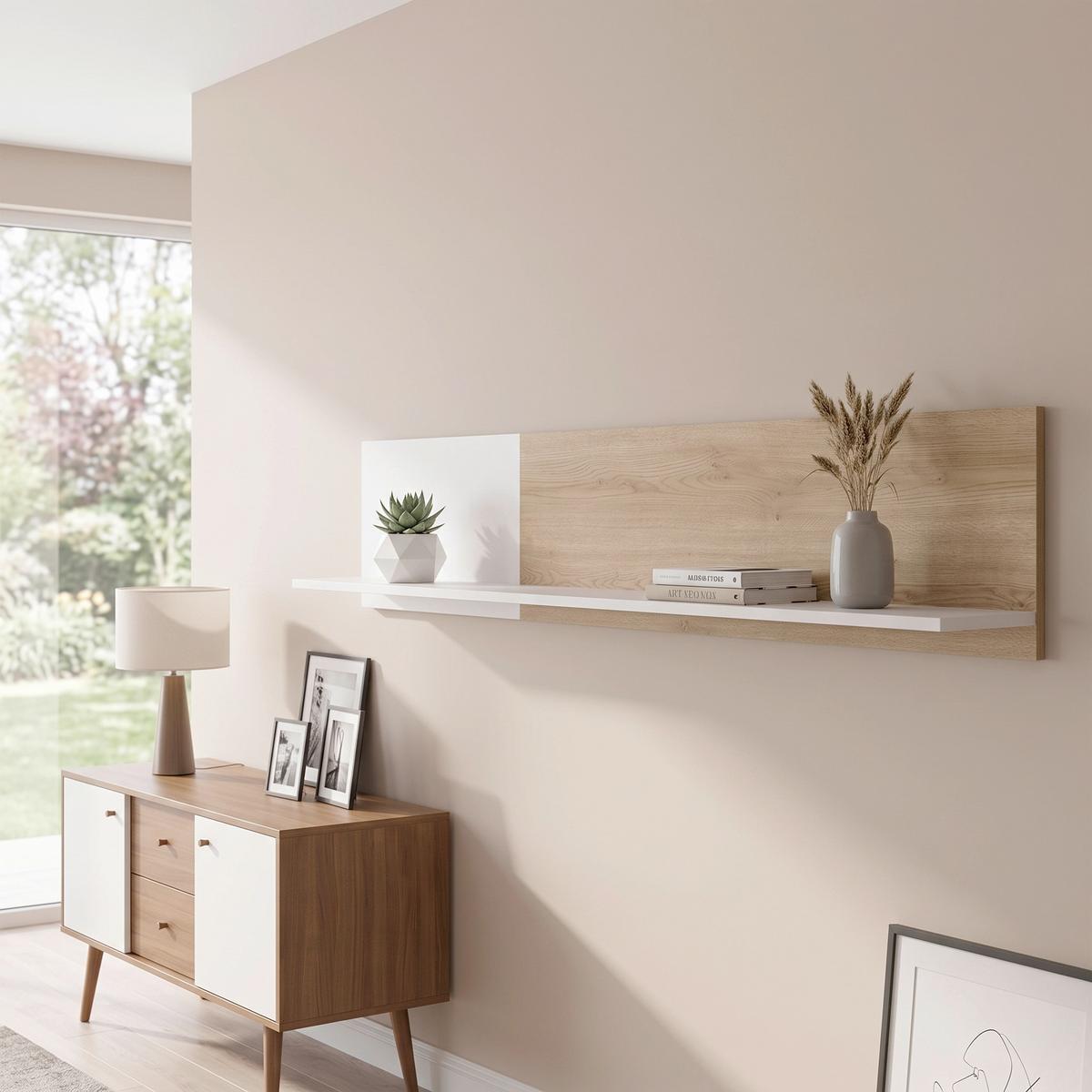 Wandregal Samm Eichefarben, Beige B: 153,6 cm - Eichefarben/Beige, Trend, Holzwerkstoff (153,6/30/22cm)