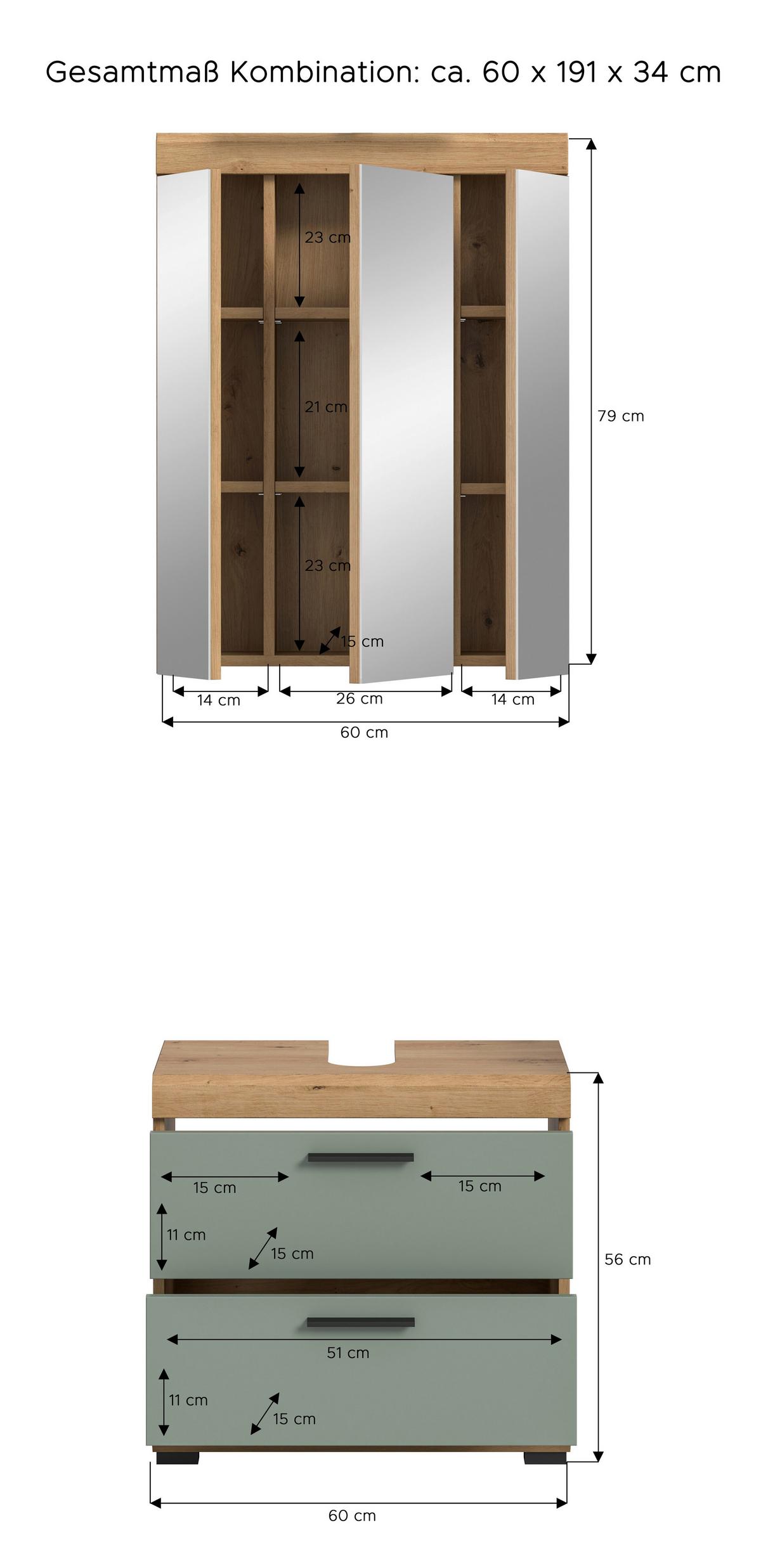 Badezimmer Scout Salbeigrün/Eiche D. B: 60 cm - Salbeigrün/Schwarz, MODERN, Glas/Holzwerkstoff (60cm) - MID.YOU