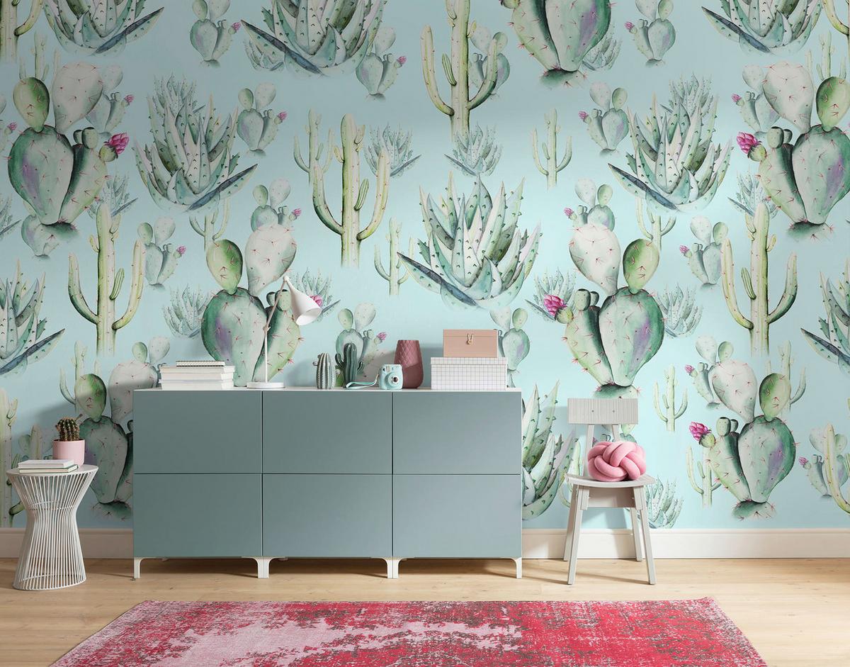 Vliestapete Cactus Grey - Blau/Grün, Basics (400/250cm) - Komar