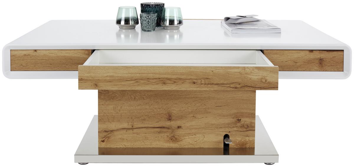 Couchtisch Mit Lade Kopenhagen, Eiche Dekor/weiß - Edelstahlfarben/Eichefarben, MODERN, Holzwerkstoff/Metall (130/49-78/70cm)