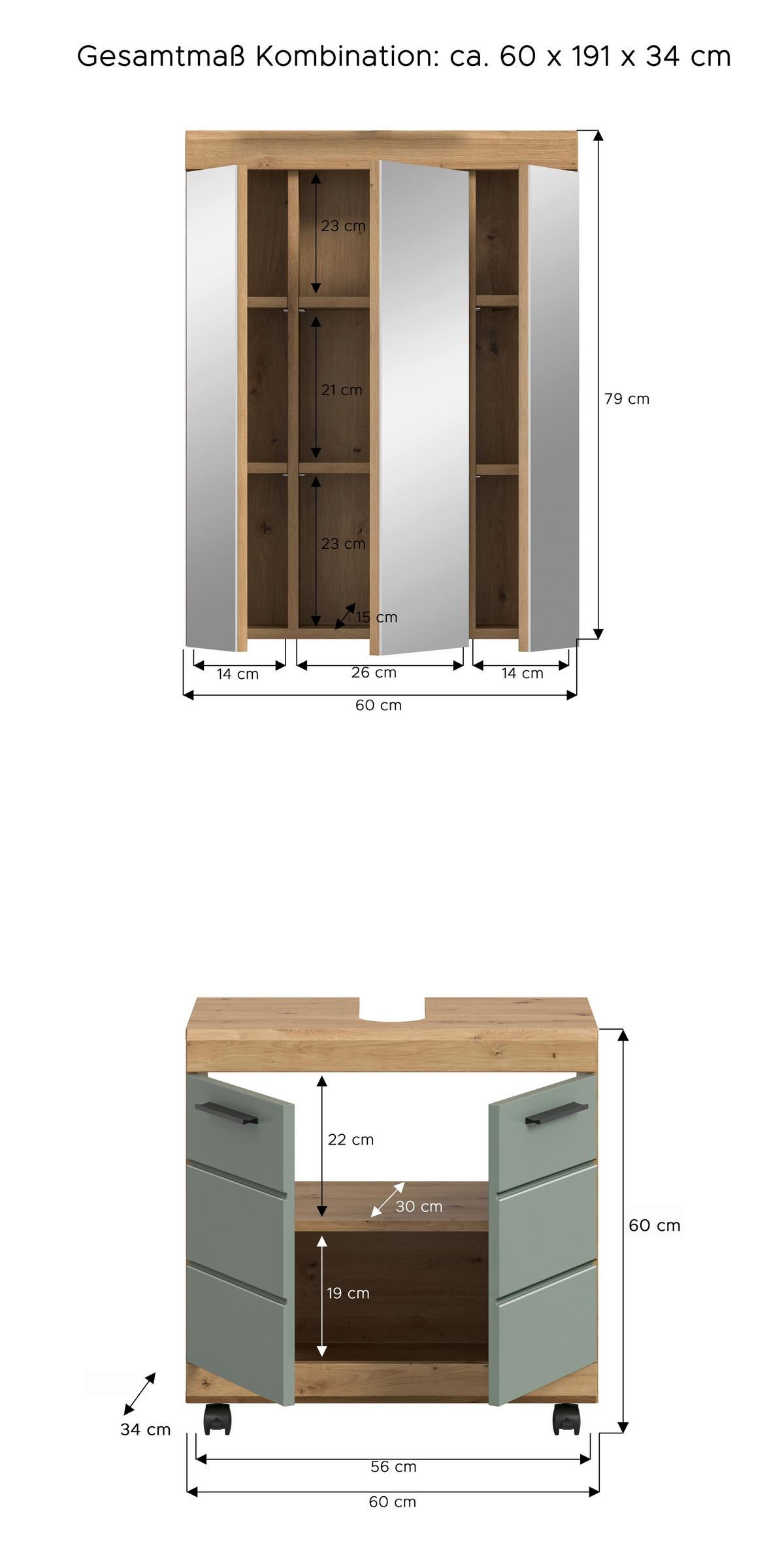 Badezimmer Scout Salbeigrün/Eiche Dekor B: 60cm - Salbeigrün/Schwarz, Trend, Glas/Holzwerkstoff (60cm) - MID.YOU