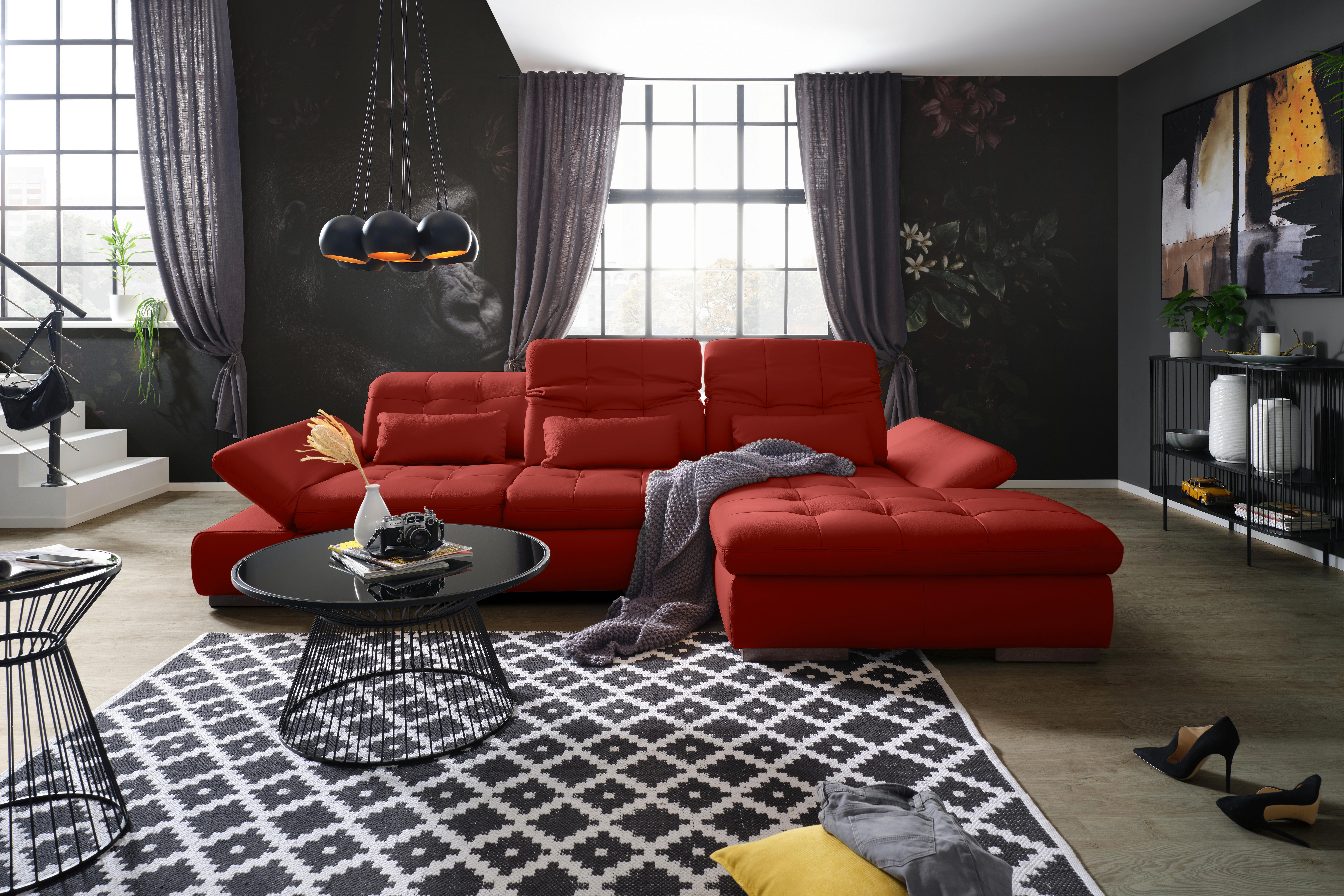 Rohová sedačka SANFINO, pravá, červená pravá kůže - barvy chromu/červená, Konvenční, kov/kůže (305/199cm) - Premium Living