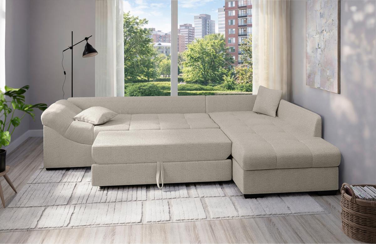 Eckschlafsofa Alvito Beige S: 298x202 Cm - Beige/Schwarz, MODERN, Textil (298/202cm) - MID.YOU