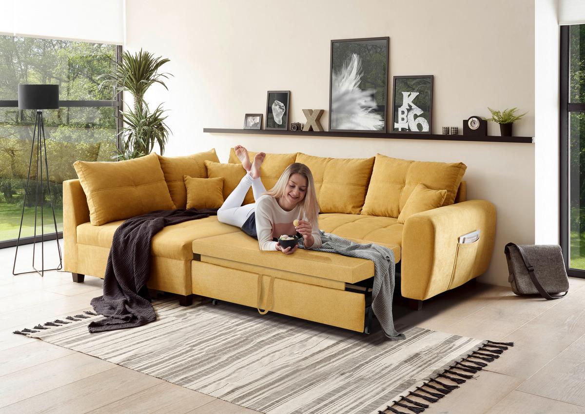 Ecksofa Mit Schlaffunktion + Kissen Lea, Polyester-Nylon - Gelb/Schwarz, Basics, Holzwerkstoff/Textil (176/248cm) - MID.YOU