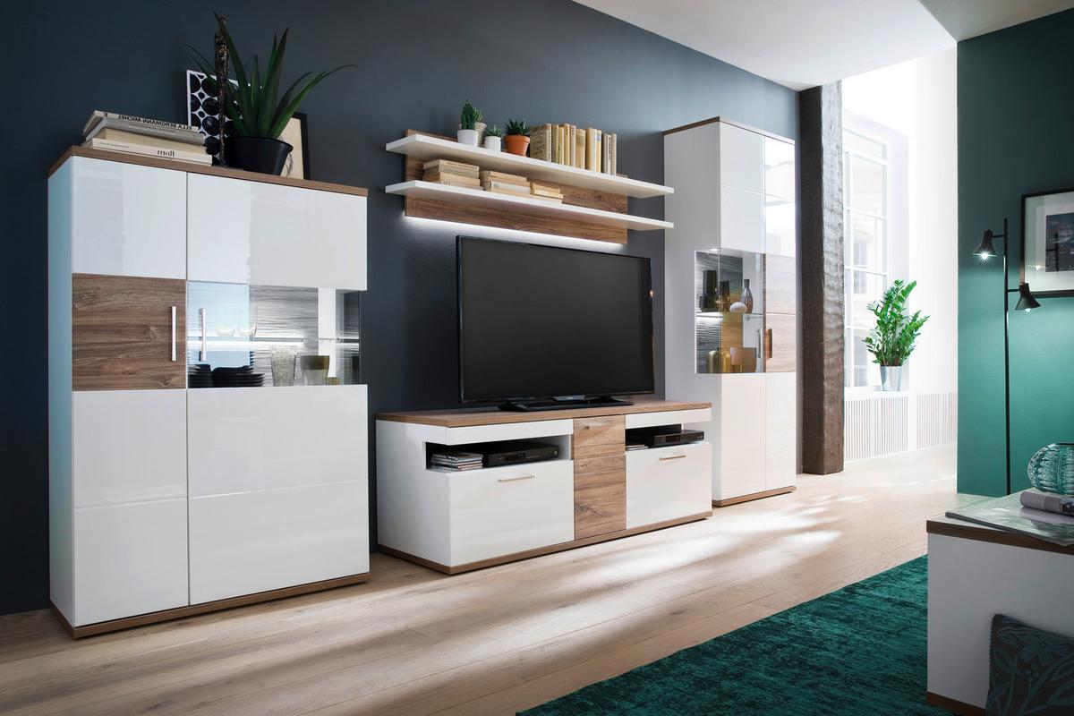 Wohnkombination 4-Tlg. Luzern Weiß/Eichefarben - Eichefarben/Weiß, Design, Glas/Holzwerkstoff (330/199/50cm) - Livetastic