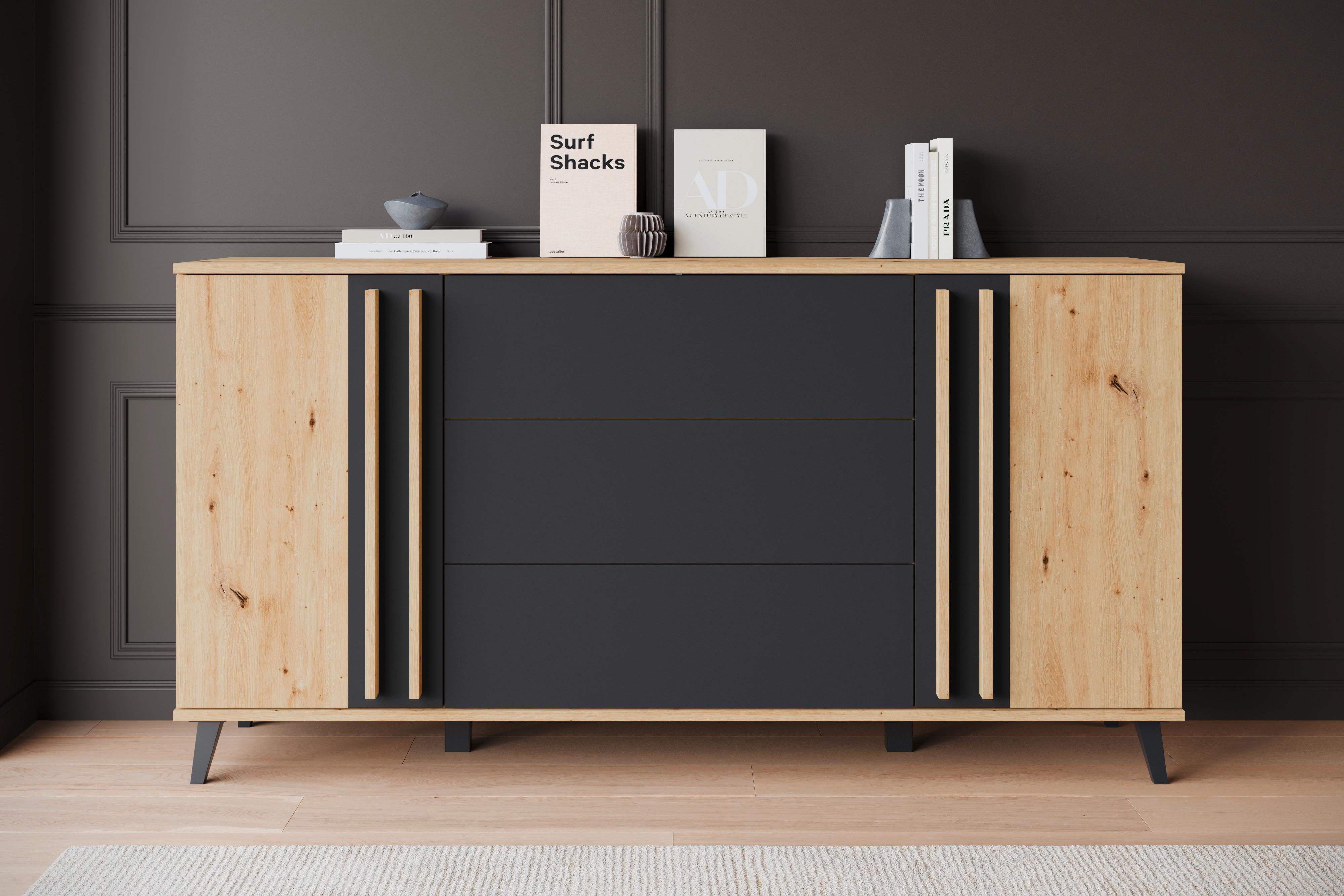 Sideboard Helsinki 150 Eiche Artisan/schwarz B: 150cm - Schwarz/Eiche Artisan, Trend, Holzwerkstoff (150/77,8/39,5cm)