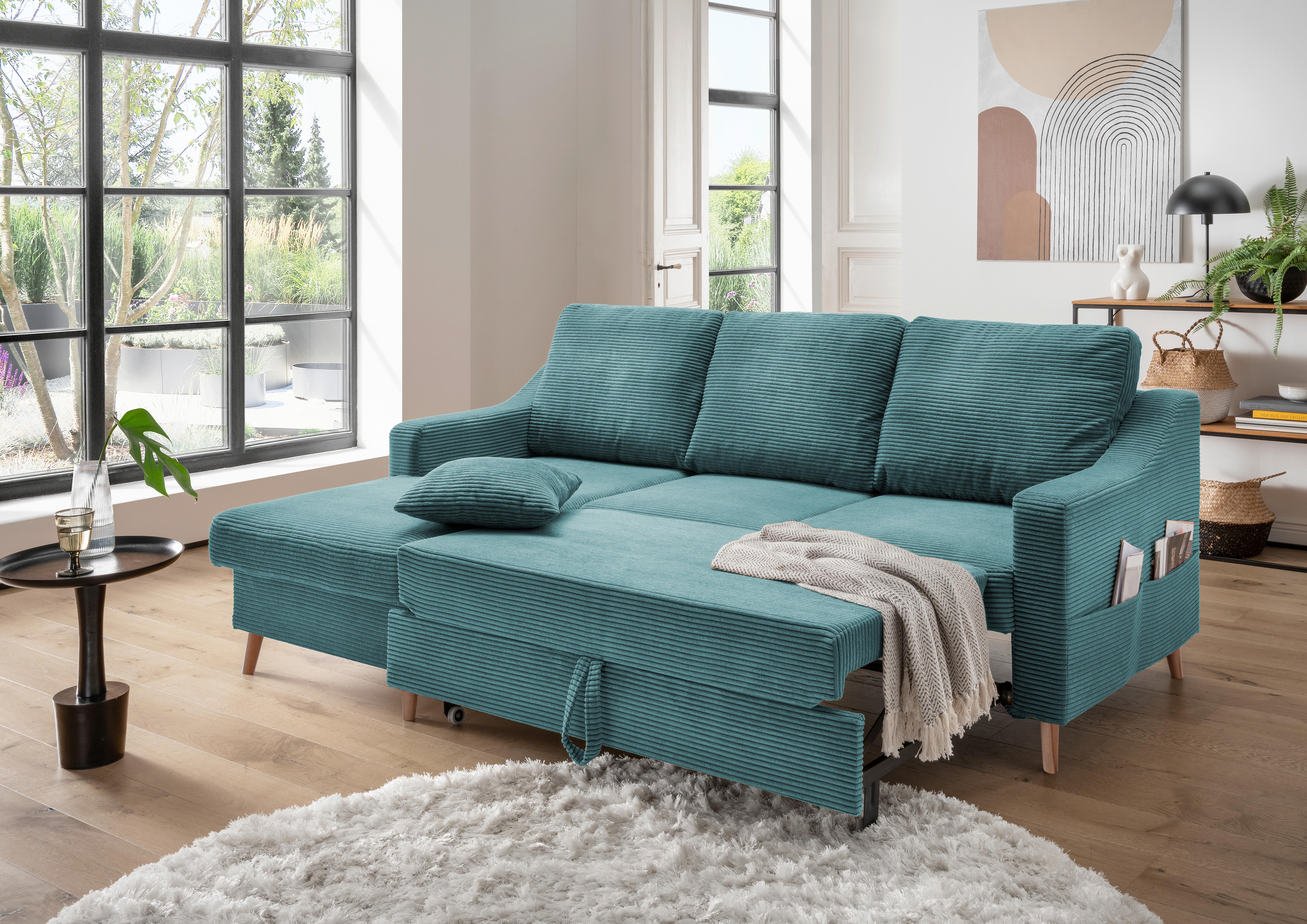 Ecksofa Valentina - Petrol/Naturfarben, Design, Textil (150/228cm) - P & B