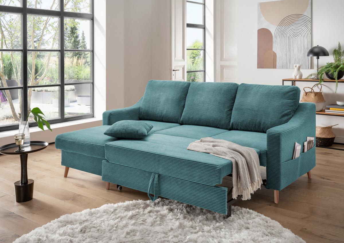 Ecksofa Valentina - Petrol/Naturfarben, Design, Textil (150/228cm) - P & B