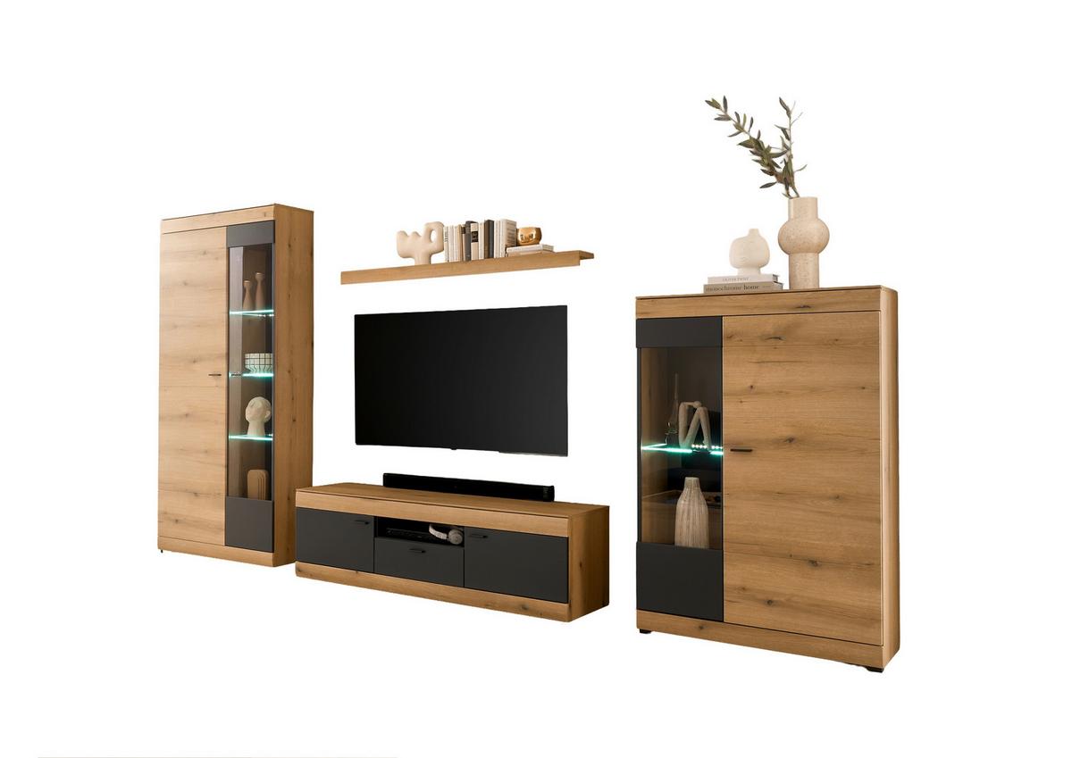 Wohnwand Soleto Graphit/Eichefarben B: 350cm - Eichefarben/Schwarz, Design, Glas/Holzwerkstoff (350/201/45cm) - MID.YOU