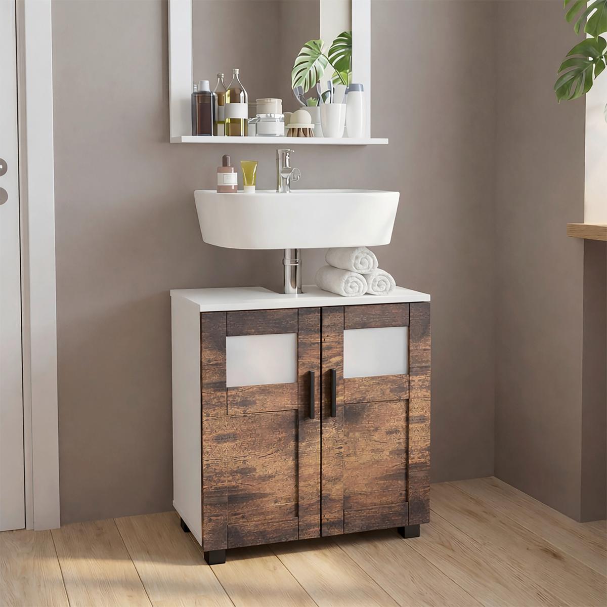 Waschbeckenunterschrank Nilari Weiß/Eichefarben B: 60cm - Eichefarben/Weiß, Trend, Glas/Holzwerkstoff (60/60/29cm) - MID.YOU