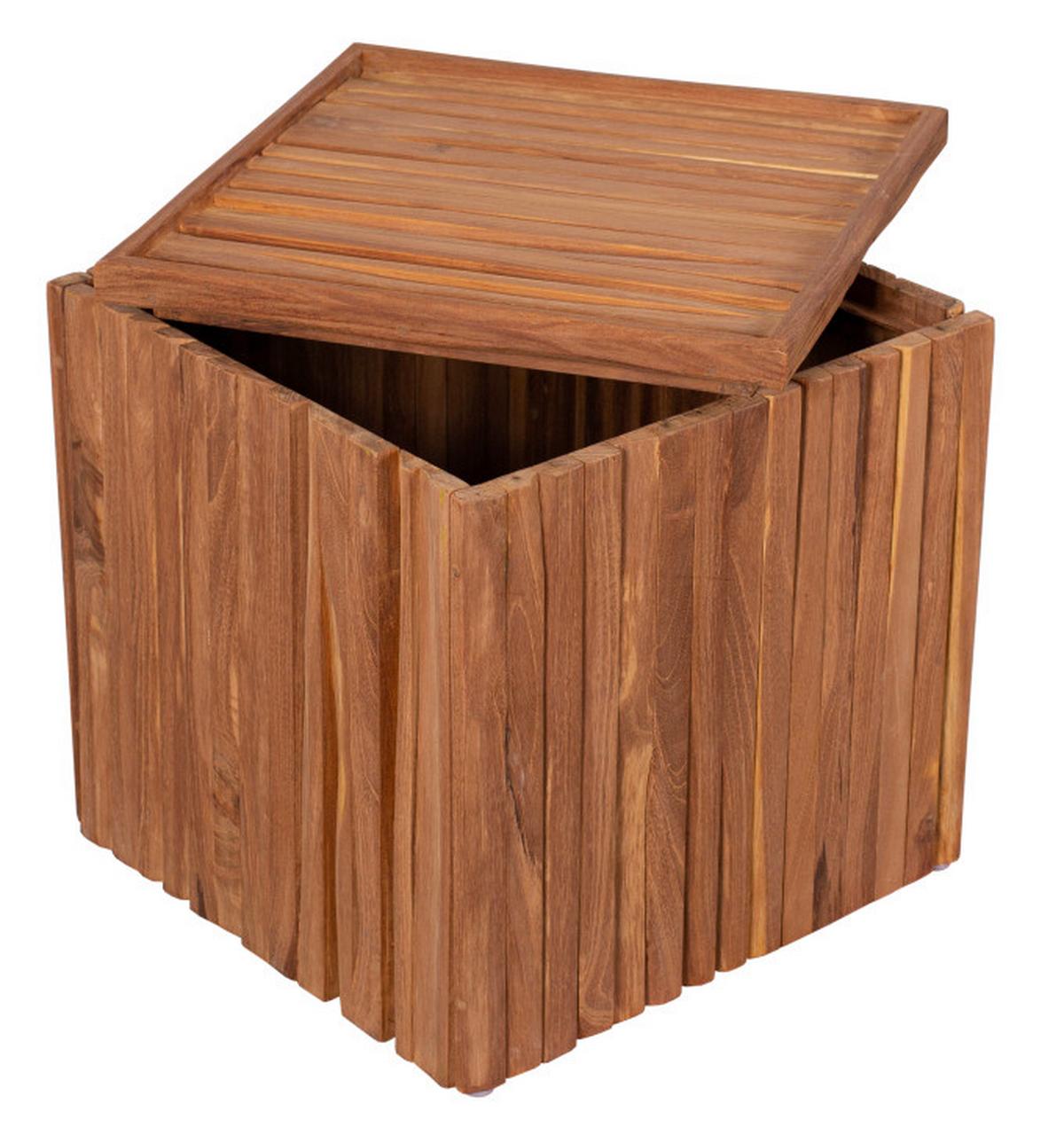 Gartenhocker Woodie Teakholz Braun/Taupe mit Stauraum - Taupe/Braun, Basics, Holz/Textil (45/45/45cm) - Gardenson