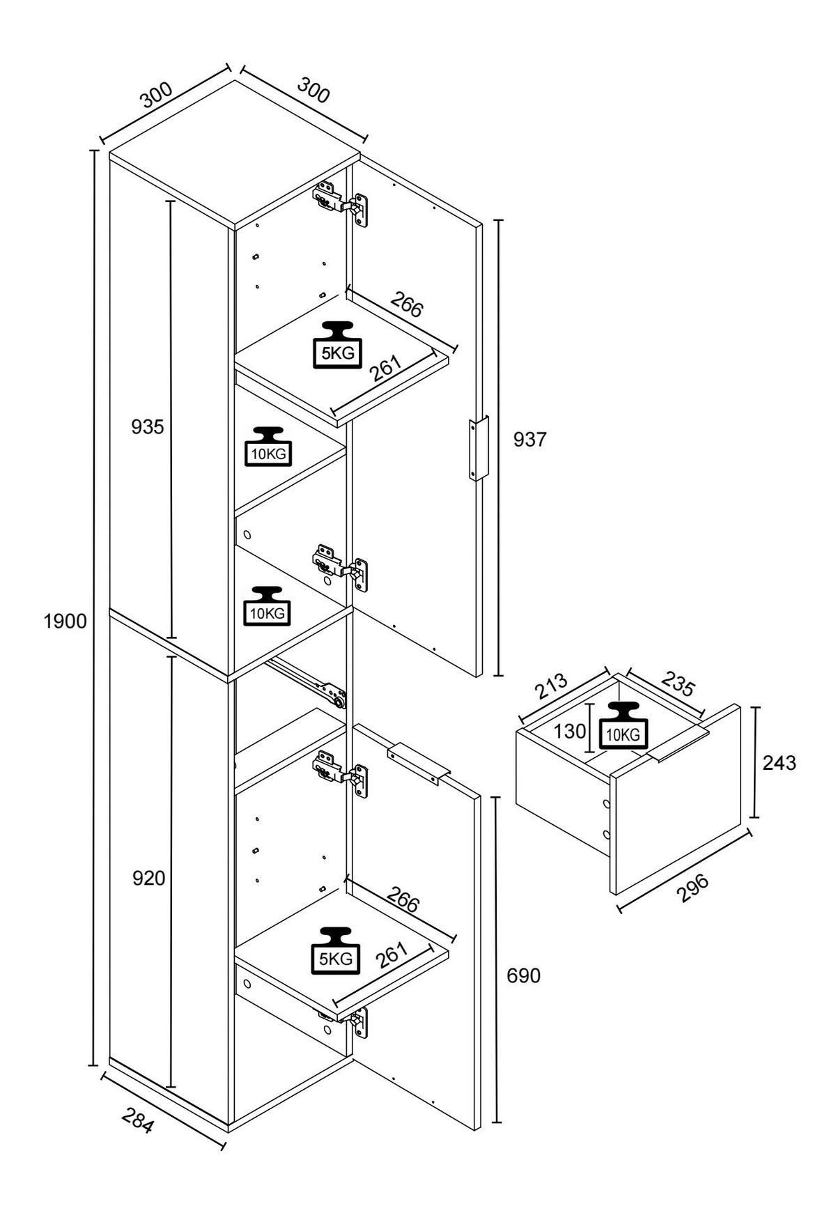 Hochschrank Donali Schwarz, Weiß B: 30 Cm - Schwarz/Weiß, MODERN, Holzwerkstoff (30/190/30cm) - MID.YOU