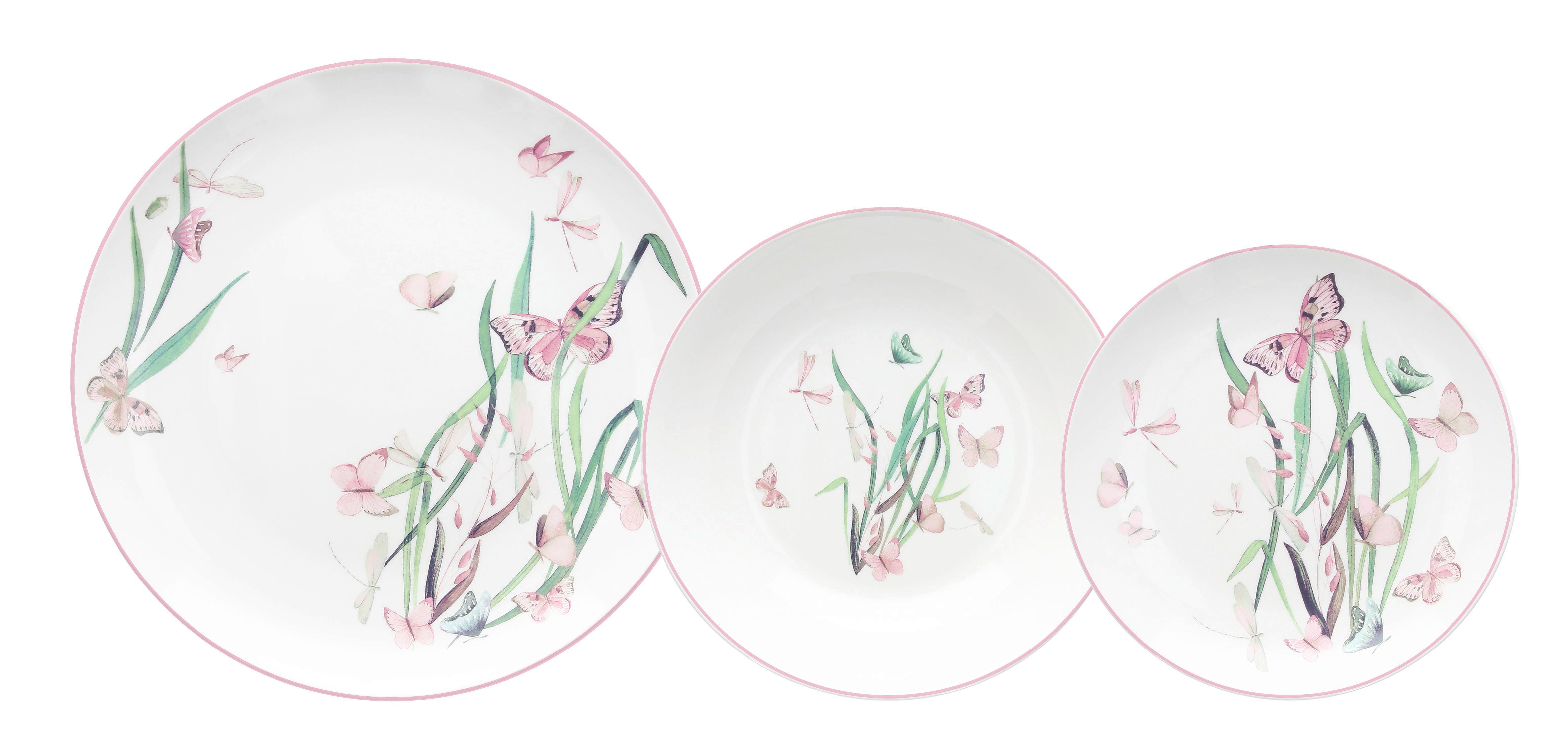 Tafelservice Butterfly Keramik 6 Personen Geschirr Set - Rosa/Weiß, Design, Keramik - Tognana
