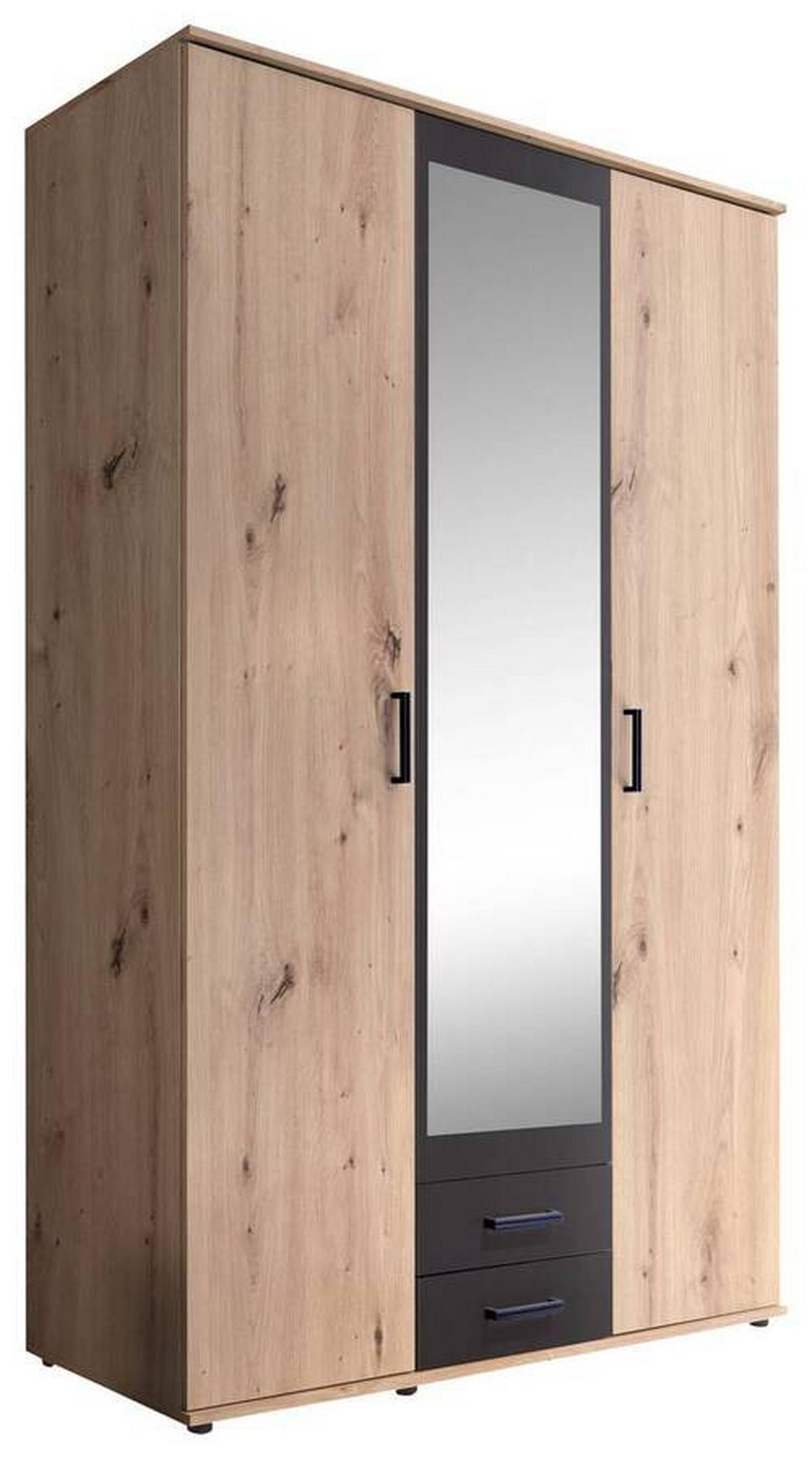 Drehtürenschrank Mit Spiegel + Laden 120 cm Chicago, Eiche - Eichefarben/Anthrazit, Basics, Glas/Holzwerkstoff (120/196/53,5cm) - MID.YOU