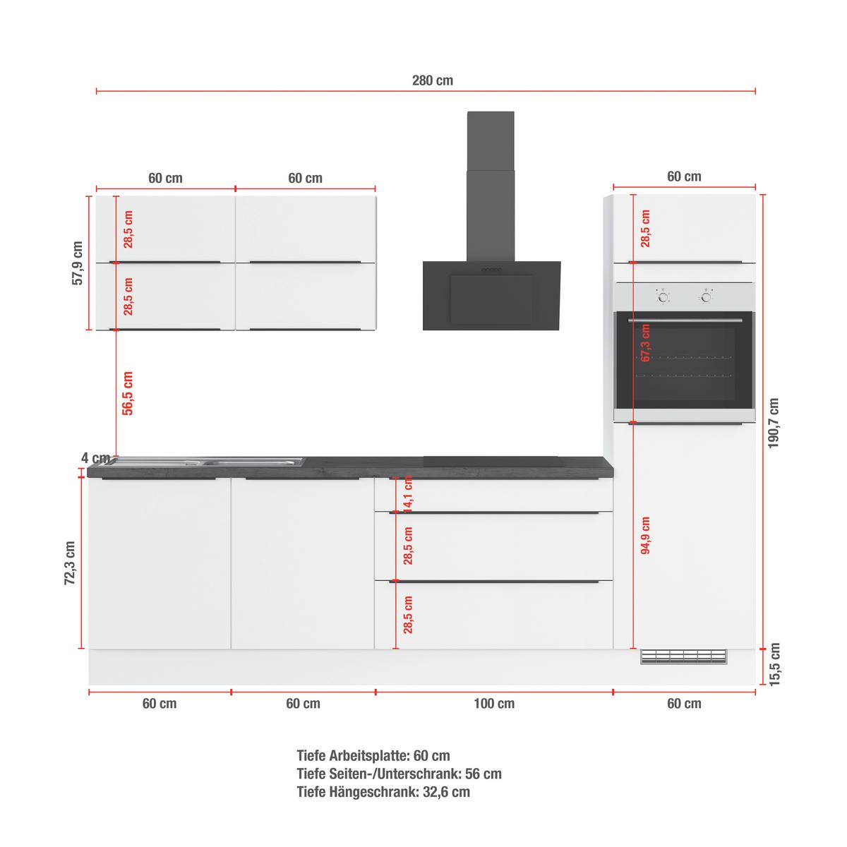Küchenblock Ip315 Weiß B: 280 cm - Eichefarben/Weiß, Trend, Holzwerkstoff (280cm) - Impuls