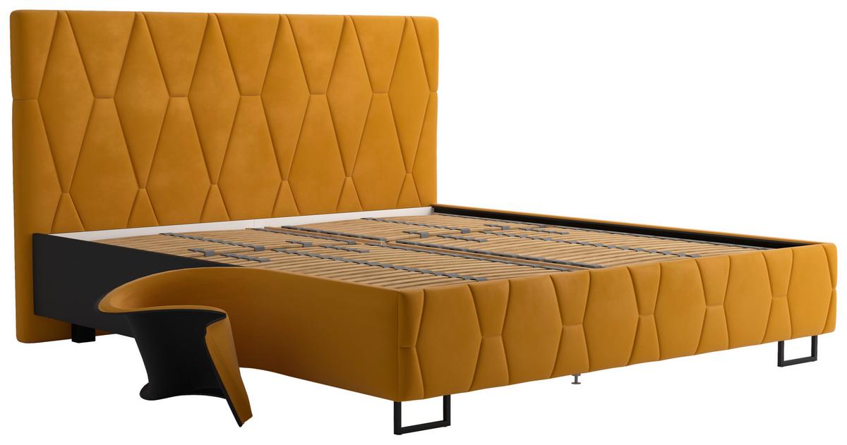 Čalúnená posteľ ATESSA 180x200 cm, horčicová - horčicovožltá/prírodná farba, Modern, drevo/textil (180/200cm)