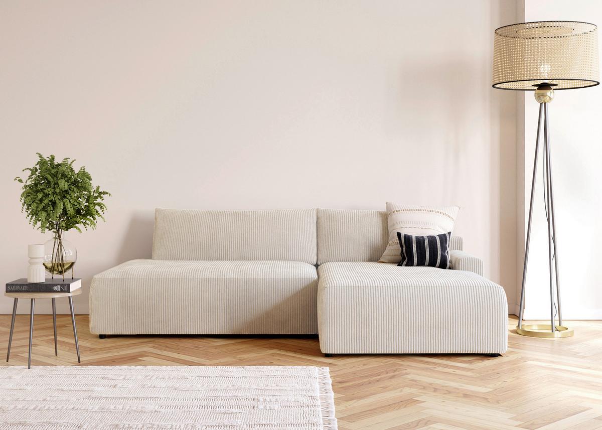 Eckschlafsofa Prag, Creme S: 253x167 cm - Creme/Schwarz, MODERN, Textil (253/167cm) - Trendmanufaktur