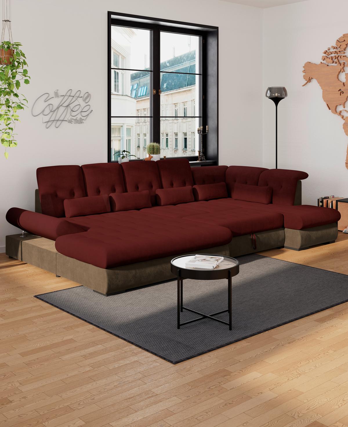 Wohnlandschaft Madera Rubinrot, S: 358x212 Cm - Hellbraun/Rot, KONVENTIONELL, Kunststoff/Textil (190/358/212cm)
