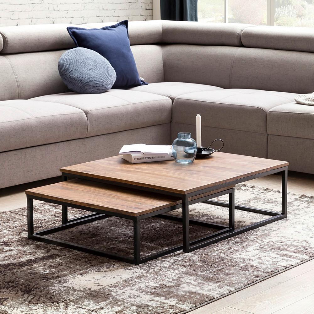Couchtisch mit Holzplatte 2er-Set Akola Sheesham/Schwarz - Sheeshamfarben/Schwarz, Design, Holz/Metall (75/75/27cm) - MID.YOU