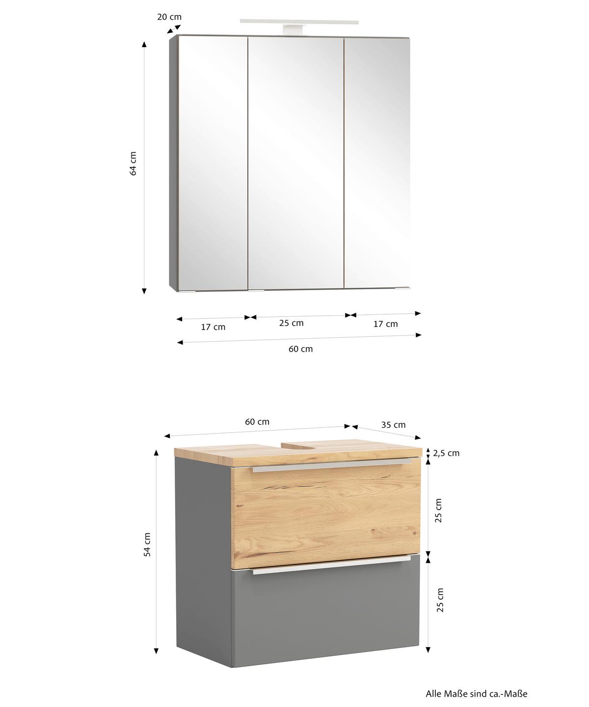 Badezimmer Verona Grau/Wildeiche 2-teilig - Wildeiche/Grau, Trend, Glas/Holzwerkstoff (60cm) - Held