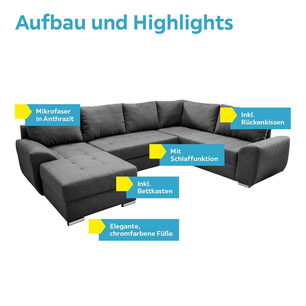 Wohnlandschaft mit Schlaffunktion Sinja - Chromfarben/Anthrazit, KONVENTIONELL, Textil (156/292/218cm) - Livetastic