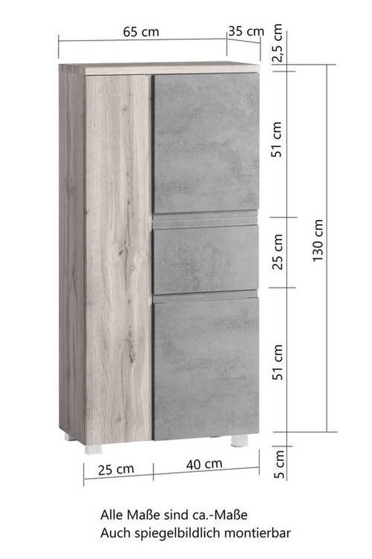 Midischrank Bad Varese B: 65 cm Weiß/Wotaneiche Dekor - Silberfarben/Eiche Wotan, MODERN, Holzwerkstoff (65/130/35cm) - Held