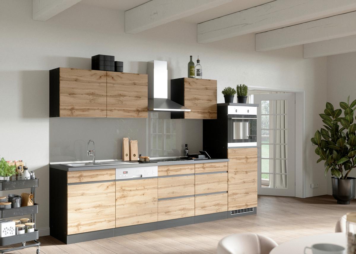 Küchenzeile Turin ohne Geräte B: 300 cm Graphitfarben/Eiche - Eiche Wotan/Graphitfarben, Design, Holzwerkstoff (300cm) - Held