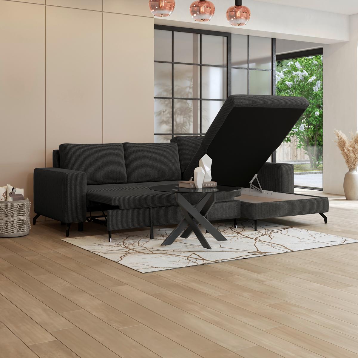 Ecksofa mit Bettkasten Cloud Grau Cord 290x178 cm - Grau, Trend, Textil (290/178cm)