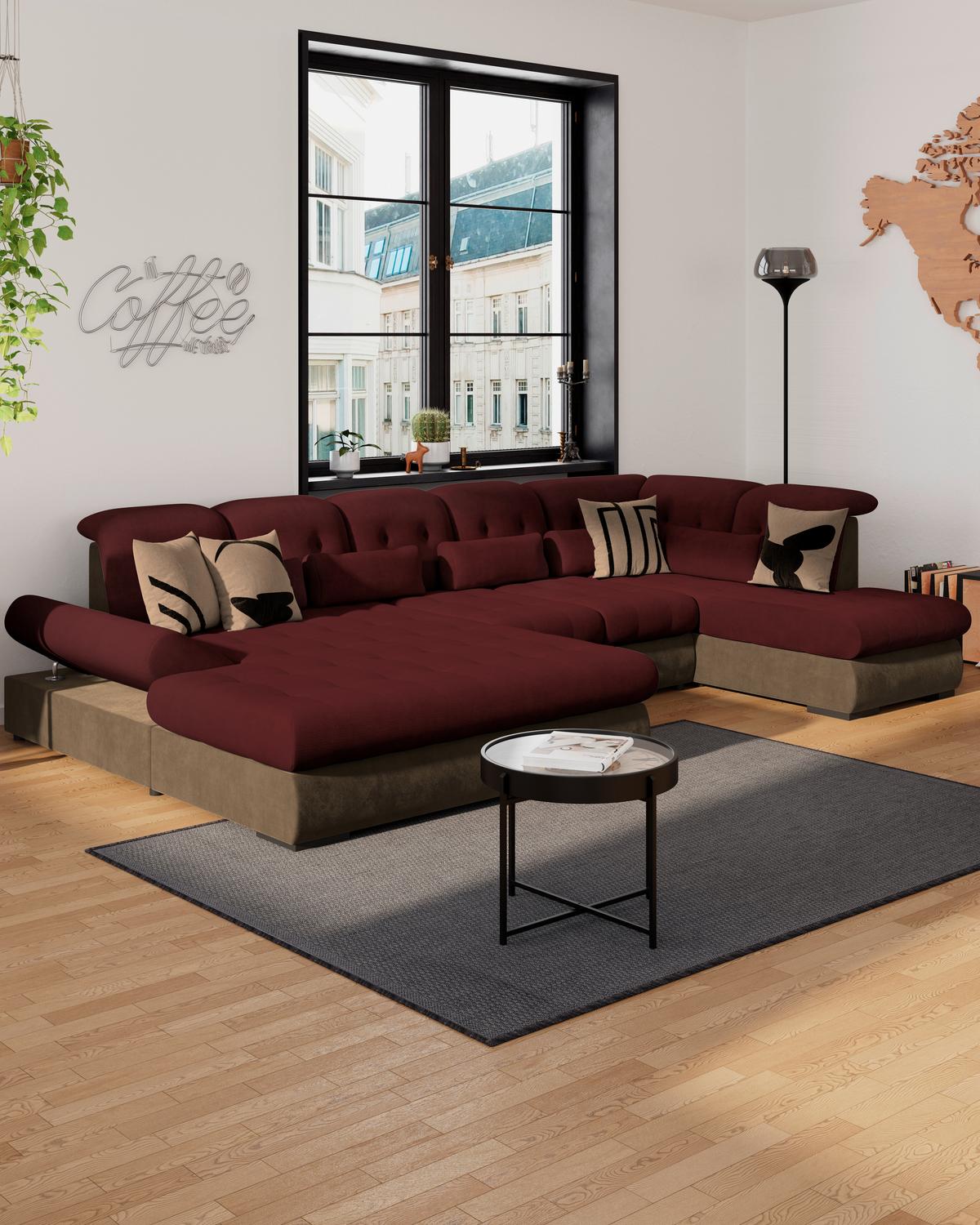 Wohnlandschaft Madera Rubinrot, S: 358x212 Cm - Hellbraun/Rot, KONVENTIONELL, Kunststoff/Textil (190/358/212cm)