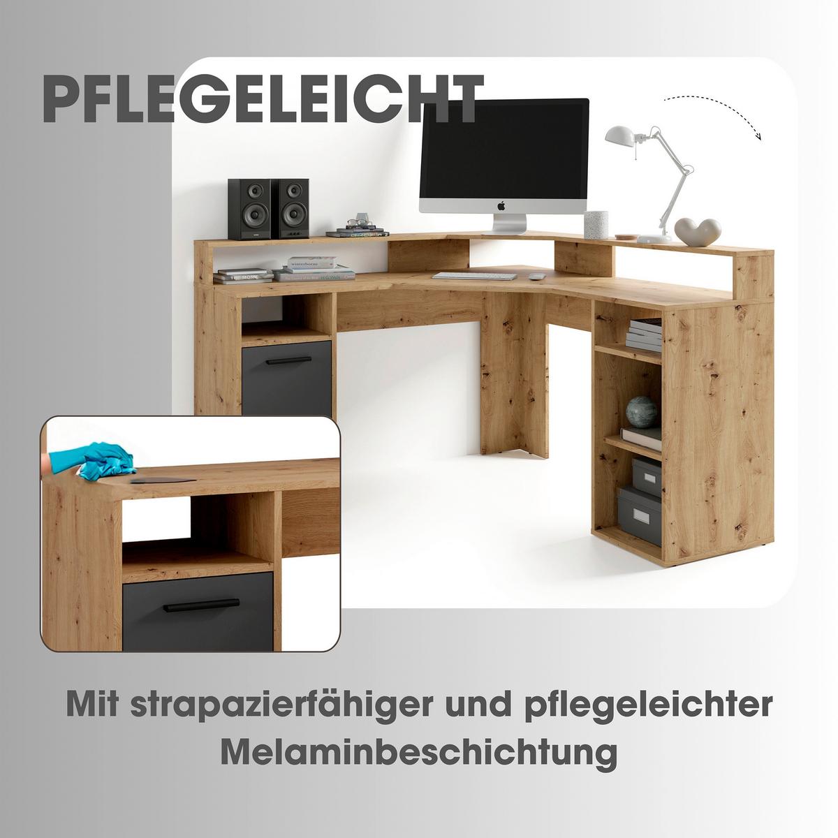 Schreibtisch Fox - Anthrazit/Eiche Artisan, MODERN, Holzwerkstoff (139/139/90,8cm) - MID.YOU