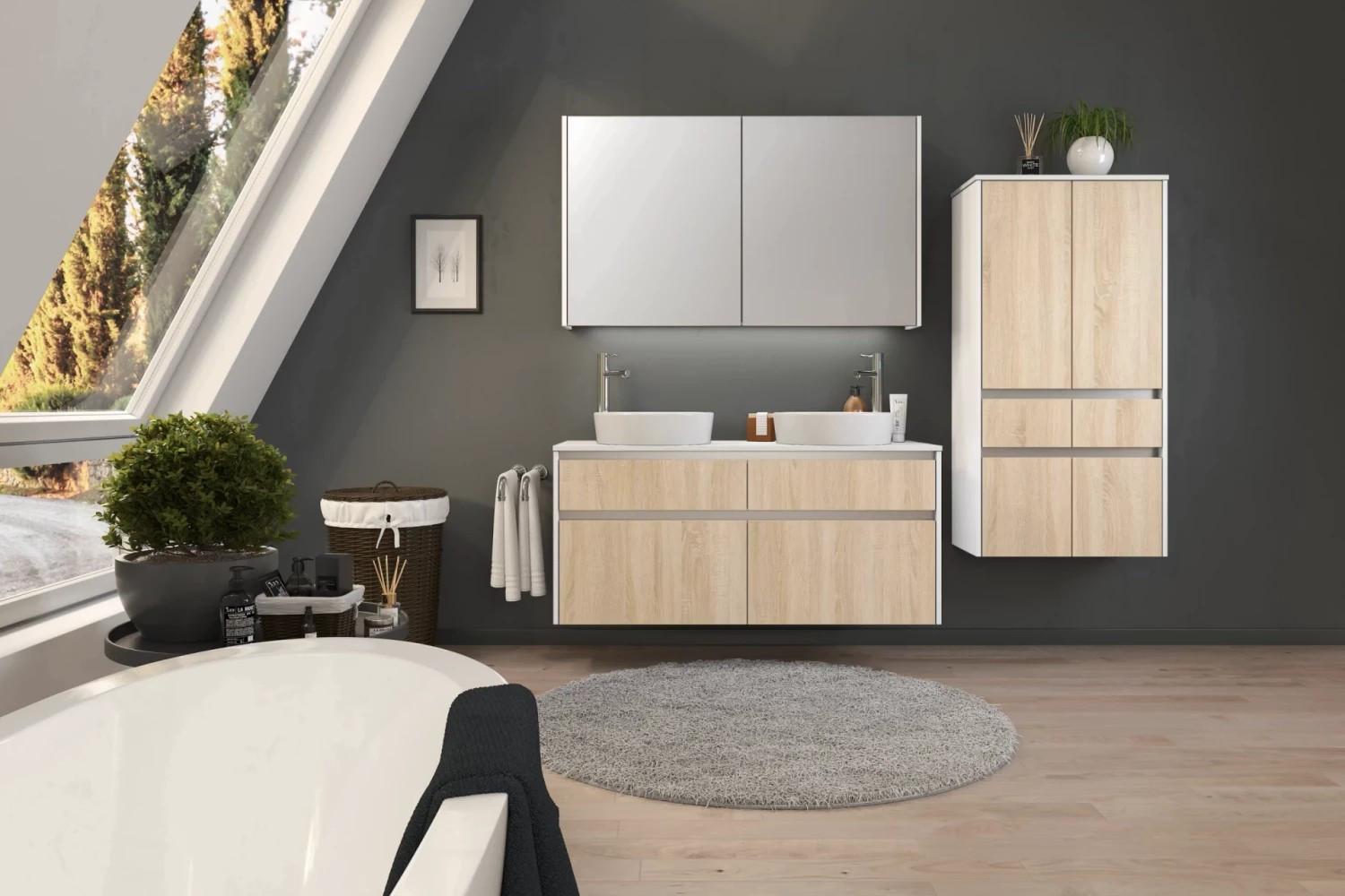 Badezimmer SANTIAGO in Eichenfarben/Weiß Detail Schrank