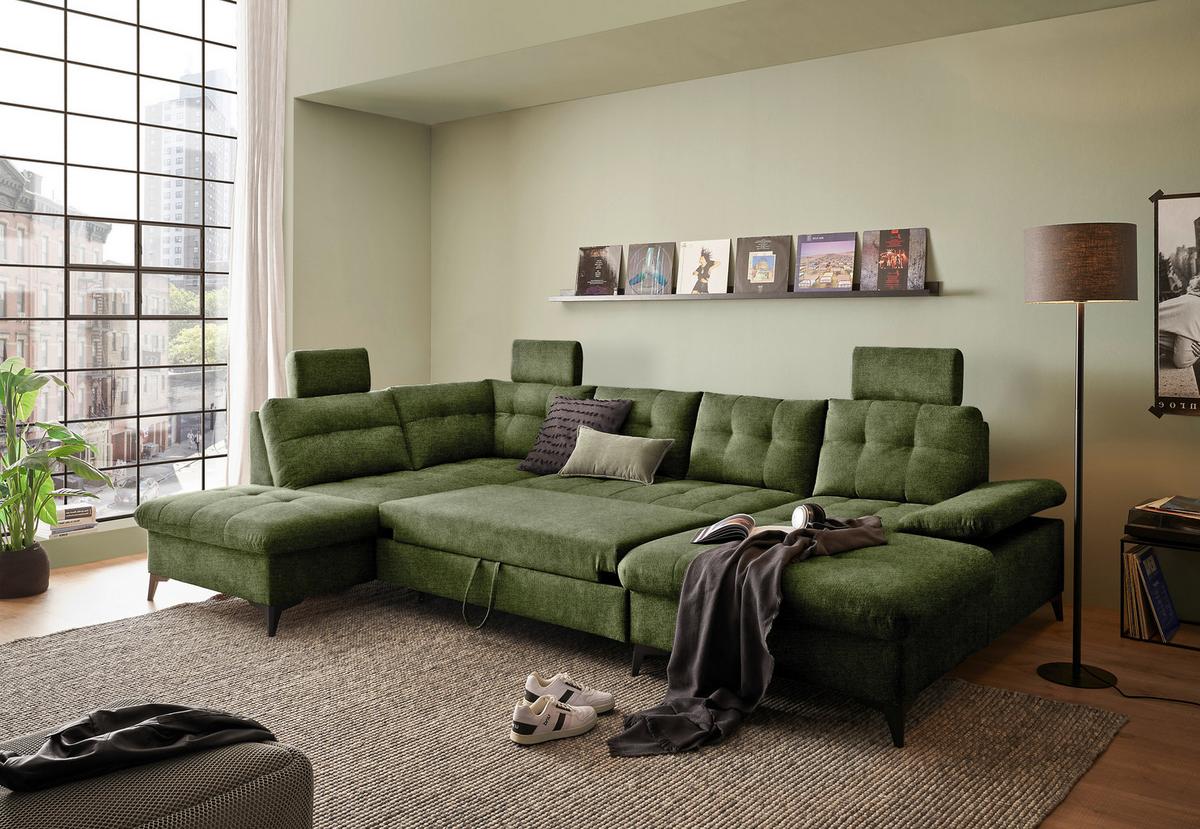 Wohnlandschaft Durban U Olivgrün U: 218/324/170 Cm - Schwarz/Olivgrün, KONVENTIONELL, Textil (218/324/170cm) - MID.YOU