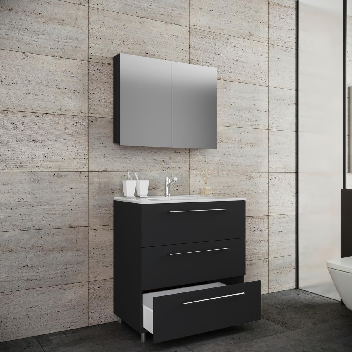 Badezimmer Schubo 3-Teilig Schwarz B: 80 cm - Alufarben/Schwarz, MODERN, Keramik/Holzwerkstoff (80cm) - MID.YOU