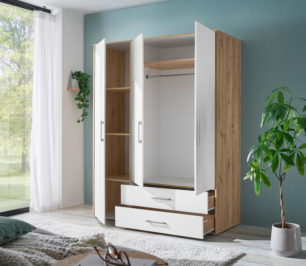 Kleiderschrank 3trg Lembo San Remo/weiß B: 155 Cm - Weiß/Eiche Artisan, Basics, Holzwerkstoff (155/195/60cm)