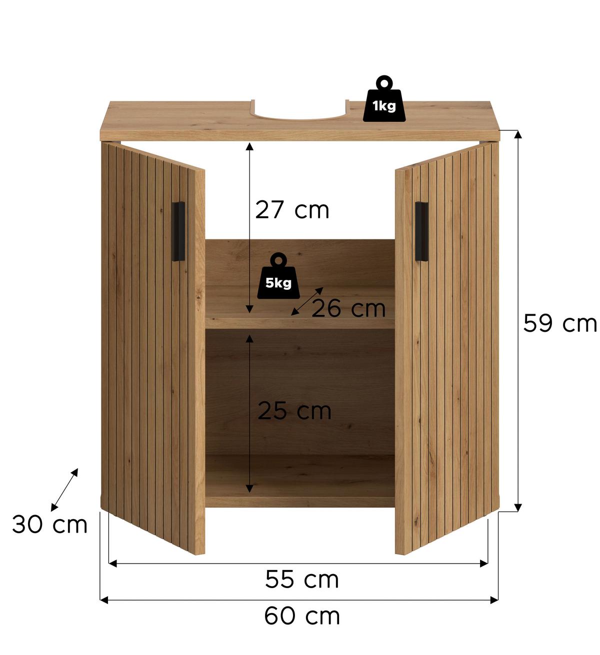 Waschbeckenunterschrank Mone Eiche Artisan B: 60cm - Schwarz/Eiche Artisan, Basics, Holzwerkstoff (60/59/30cm) - MID.YOU