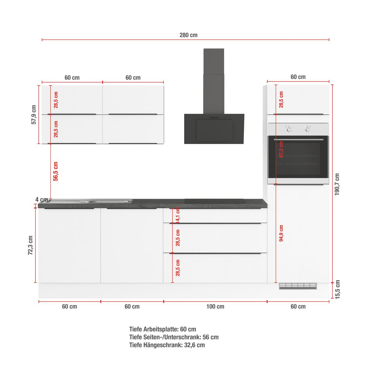 Küchenleerblock Ip3150 - Eiche dunkel/Graphitfarben, Design, Holzwerkstoff (280cm) - Impuls