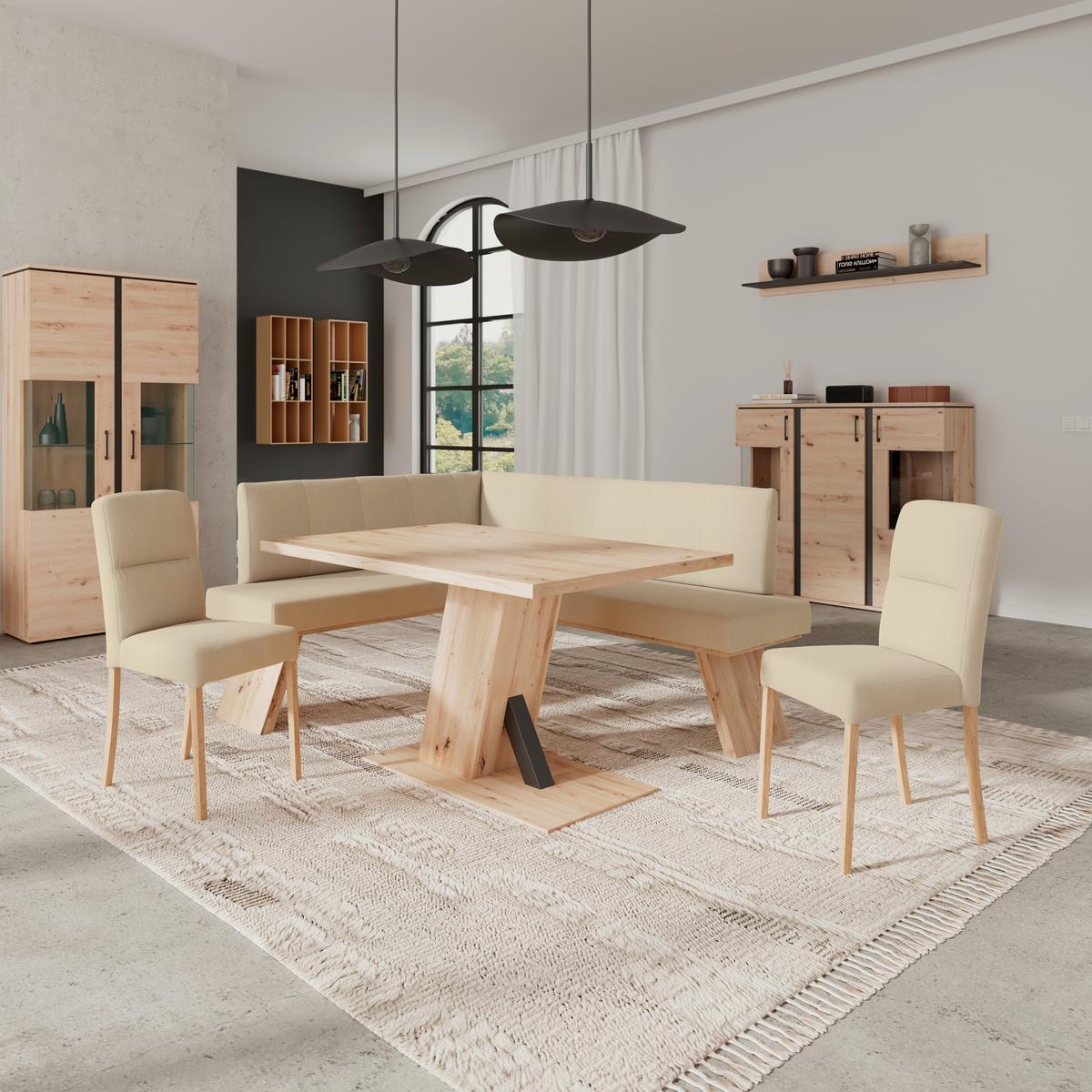 Eckbank Emma Ii Webstoff Beige, B: 150 Cm - Eichefarben/Beige, KONVENTIONELL, Holzwerkstoff/Textil (150/185cm)