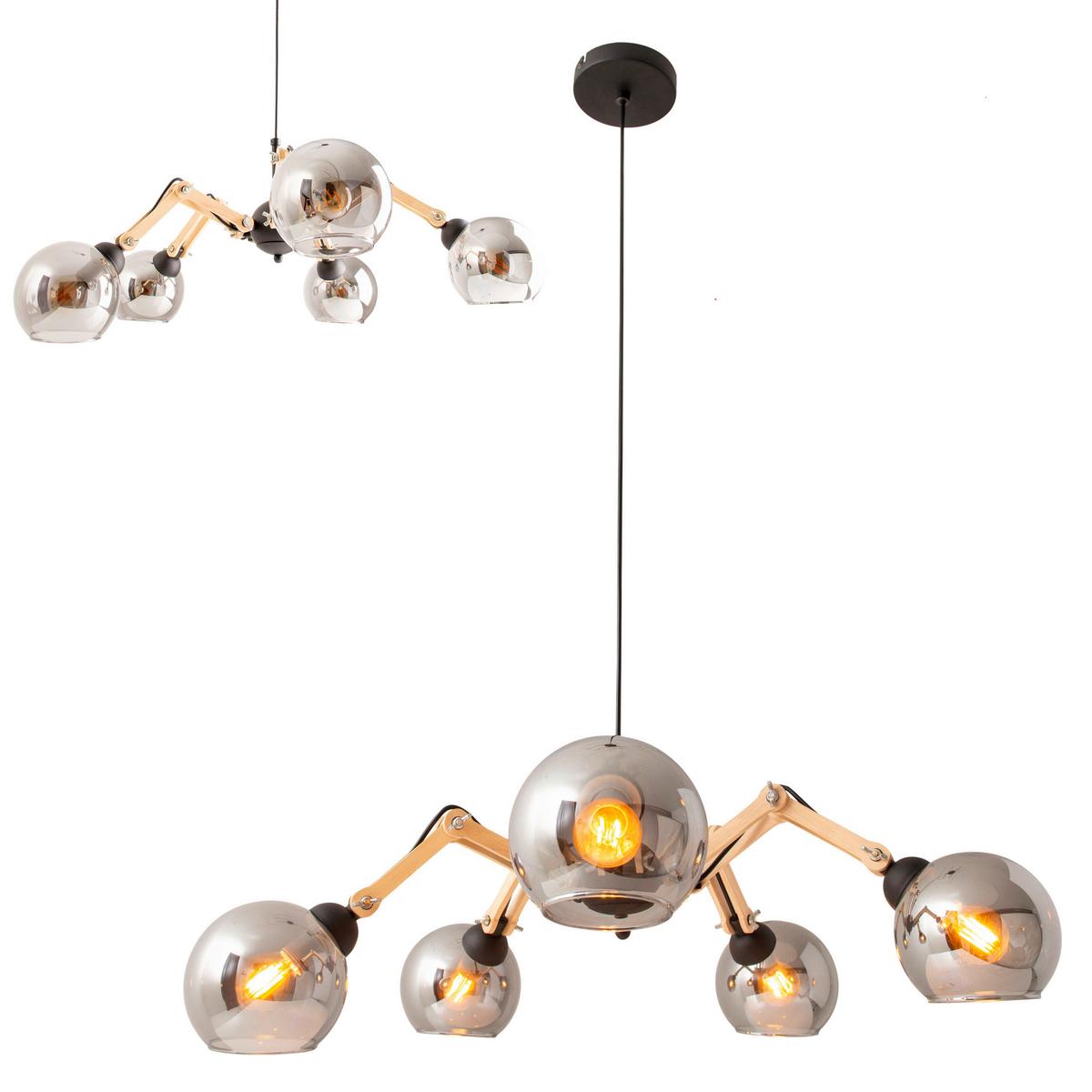 Hängeleuchte H: 130 cm 5-Flammig, Echtholz/Eisen - Schwarz/Naturfarben, Design, Glas/Holz (80/130cm) - Näve