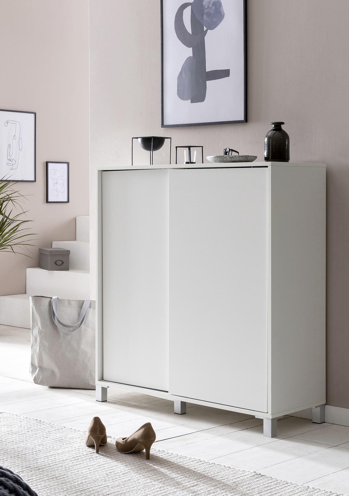 Schuhschrank Weiß 2 Schiebetüren B: 100 Cm - Silberfarben/Weiß, KONVENTIONELL, Holzwerkstoff (100/108/37,5cm) - MID.YOU