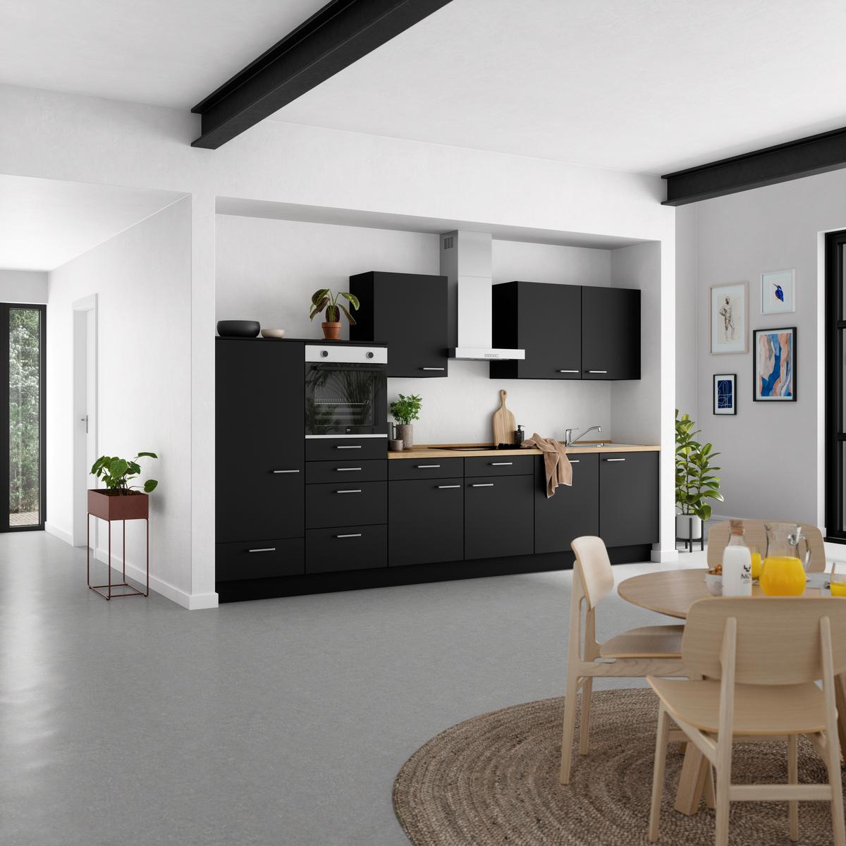 Kuchynská linka 360 cm, čierna matná - čierna/farba ušľachtilej ocele, Modern, kov/kompozitné drevo (360cm) - Nobilia