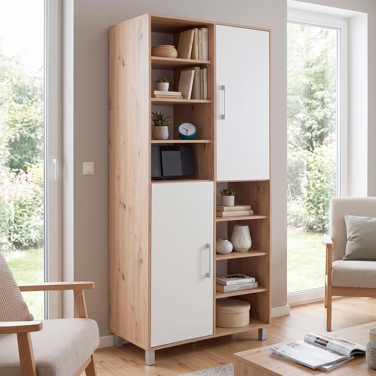 Regal mit Schrankteilen Box B 98cm, Eiche Dekor/Weiß - Eichefarben/Alufarben, MODERN, Holzwerkstoff (98/205/40cm) - Ondega