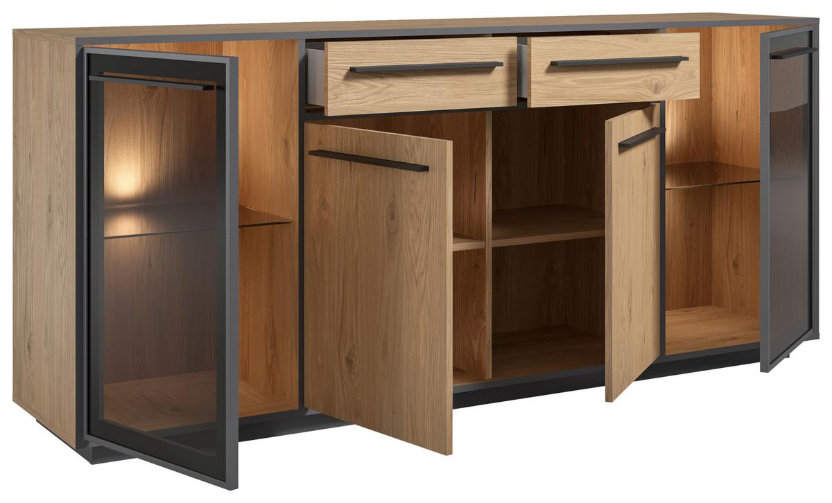 Sideboard Nadiro B: 187 cm Wildeiche Dekor/Schwarz Matt - Eichefarben/Schwarz, Trend, Glas/Holzwerkstoff (187/83/40cm) - Livetastic