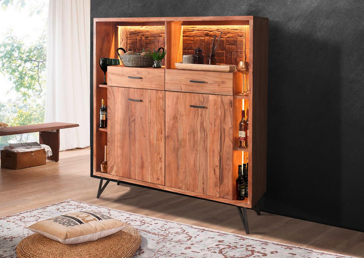 Highboard Indira Akazie Massiv, B: 145 cm - Schwarz/Akaziefarben, ROMANTIK / LANDHAUS, Holz/Metall (145/150/40cm)