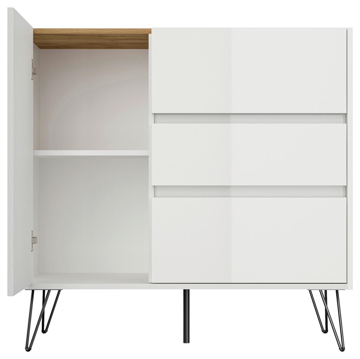 Sideboard Posseik Industrial Weiß/Eichefarben B: 99 cm - Weiß Hochglanz/Eichefarben, Design, Holzwerkstoff (99/93,6/42cm) - MID.YOU