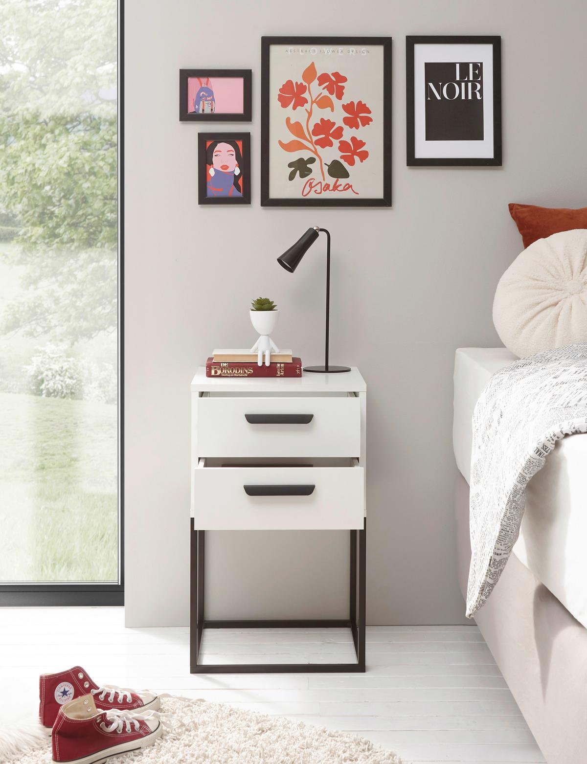 Nachtkästchen Weiß/schwarz H: 65 Cm Suna - Schwarz/Weiß, MODERN, Holzwerkstoff/Metall (40/65/38,5cm) - Livetastic