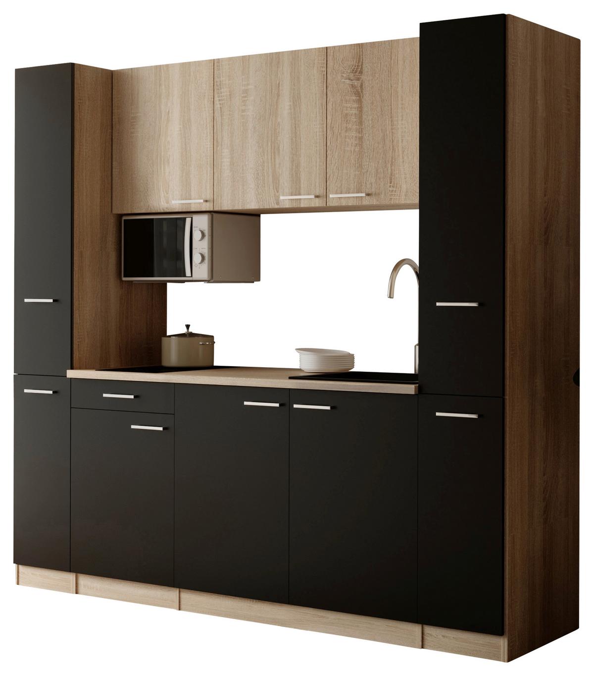 KÜCHENBLOCK Ingrid, Schwarz B: 210 cm - Eichefarben/Schwarz, Design, Holzwerkstoff (210cm) - Respekta