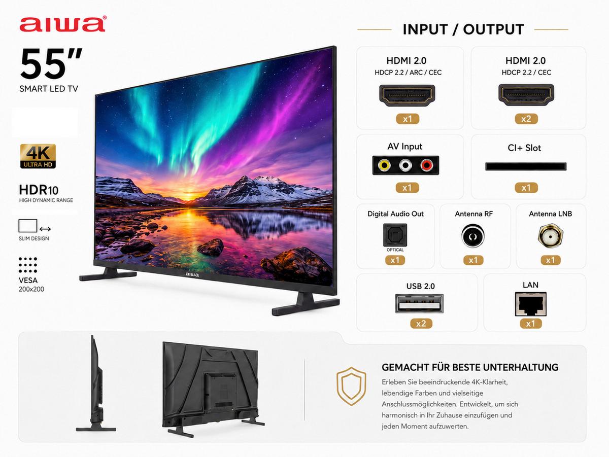 SMART LED TV 55 Zoll - Schwarz, MODERN, Kunststoff